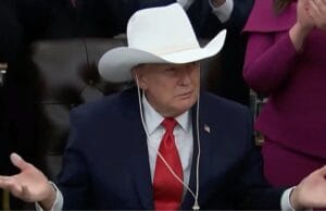 President Donald Trump Poses in Large White Cowboy Hat as Epstein Photos Spark New Questions